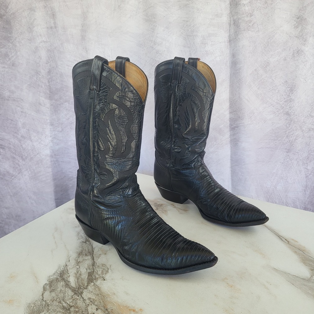 Tony Lama Size 12 D Men's Genuine Teju Lizard Western Cowboy Boots Black Men's